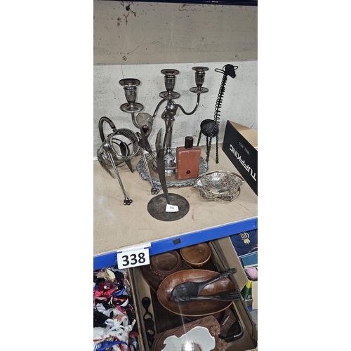 338 - metal lot, wine holder, giraffe figure, candlesticks etc