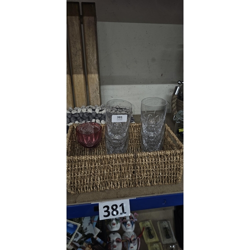 381 - basket of 6 crystal glasses and other antique glasses, including cranberry