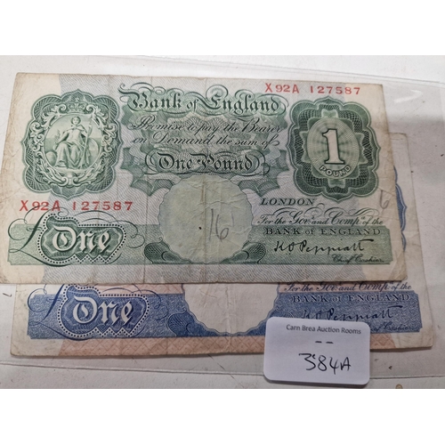 384A - 2 x £1 notes green & blue Note