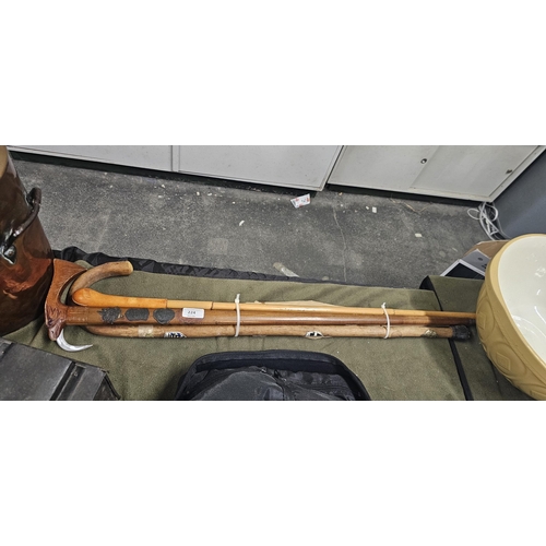 224 - ORNATE CARVED MEXICAN HIKING STICK PLUS LEATHER HANDLED CANE - VINTAGE LADIES BROLLIE AND CORNISH WA... 