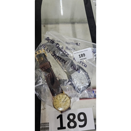 189 - 3 quartz watches Demo Time, new strap & Rosra with damaged strap, Beta quartz watch, all new batteri... 