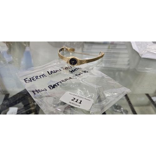 211 - ladies everite goldtone grey feaced quartz dress watch, new battery Gwo