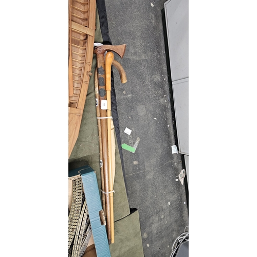 224 - ORNATE CARVED MEXICAN HIKING STICK PLUS LEATHER HANDLED CANE - VINTAGE LADIES BROLLIE AND CORNISH WA... 