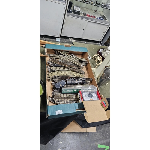 226 - box hornby dublo meccano track with 2 trains & train carriage