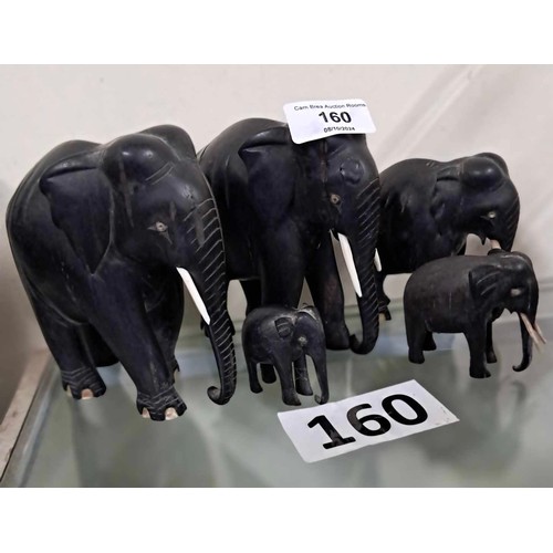 160 - VINTAGE EBONY ELEPHANT FAMILY OF FIVE