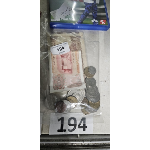 194 - BAG OF COINS & BANK NOTES