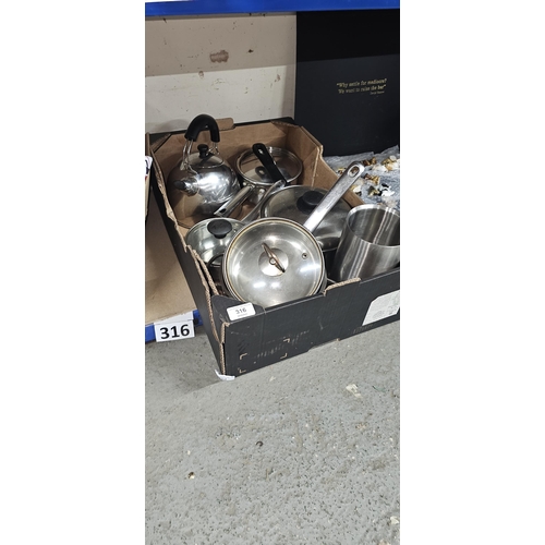 316 - BOX SAUCEPANS & KETTLE