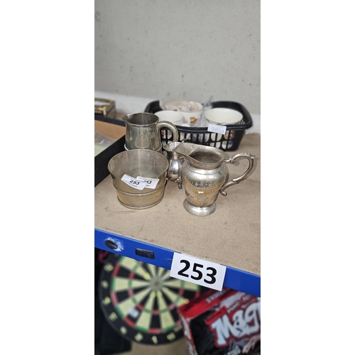 253 - 3 silver plates, jugs, half barrel pot