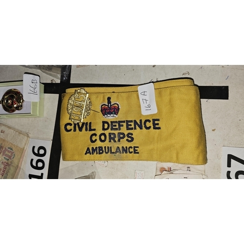 167A - 2 CIVIL DEFENCE ARMBANDS & 1945 BADGE