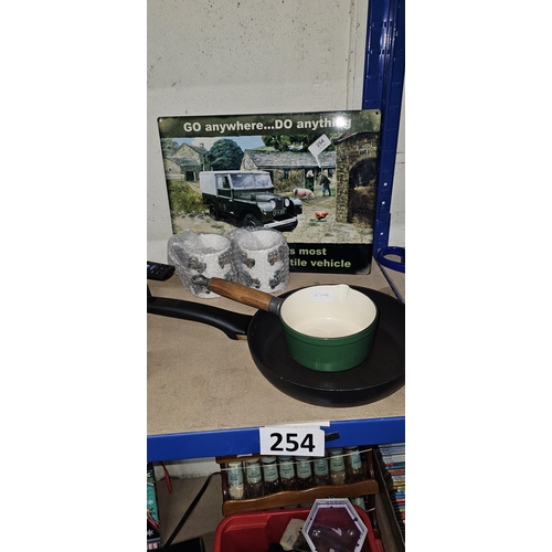 254 - METAL LAND ROVER SIGN & 2 MUGS