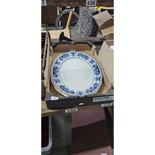 443 - 2 VERY LARGE CHARGER PLATES, BLUE WHITE ETC GOOD COND UNABLE TO POST