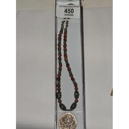 450 - Oriental sandstone & coin necklace