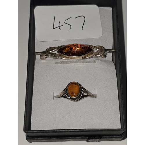 457 - 925 Silver Amber brooch & ring size N