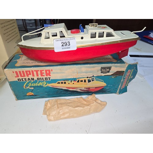 293 - Boat, Sutcliffe Jupiter Ocean Pilot cruiser clock work/wind up toy in box