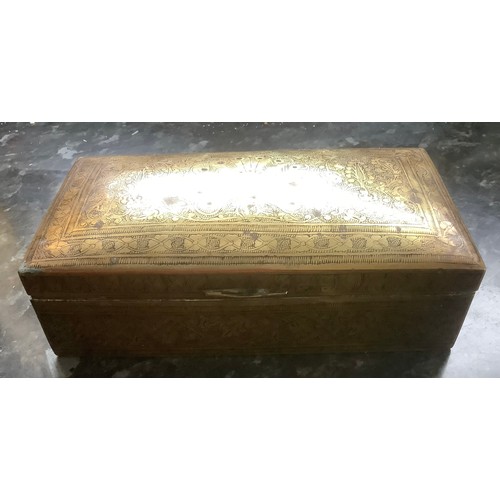 121 - ANTIQUE EASTERN ENGRAVED BRASS LIDDED BOX with cedar wood lining and peacock engravings