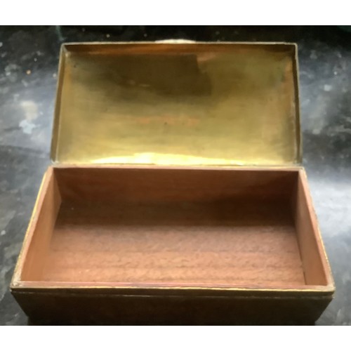 121 - ANTIQUE EASTERN ENGRAVED BRASS LIDDED BOX with cedar wood lining and peacock engravings