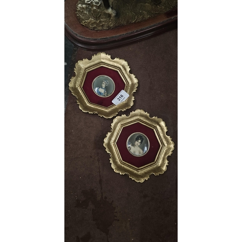 216 - PAIR GILT FRAMED HEXAGON PORTRAIT PICTURES