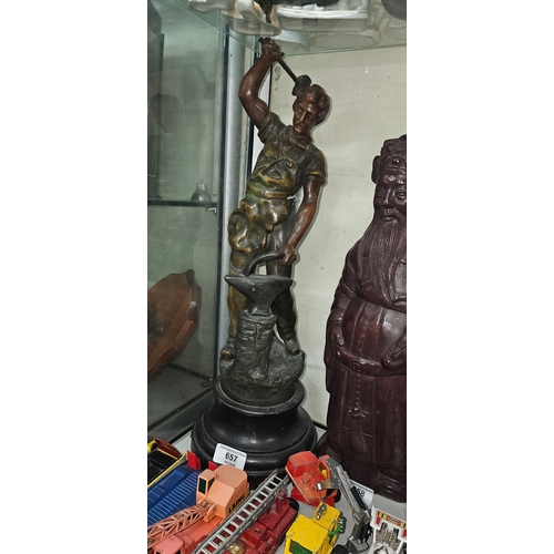 657 - Edwardian painted metal sculpture of Blacksmith on ebonised base, 52cm height