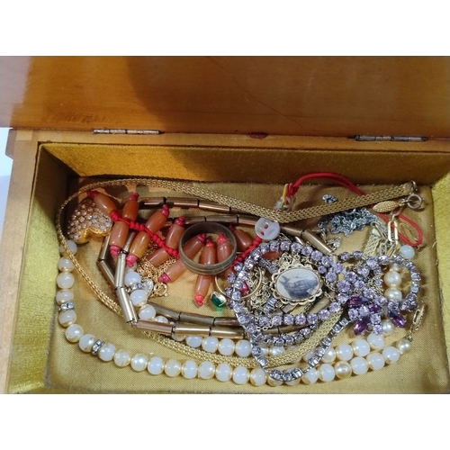 882 - Vintage wooden box with costume jewellery