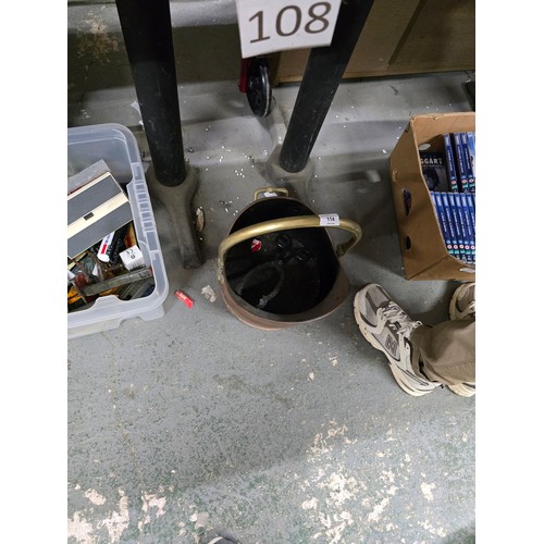 114 - Vintage Copper brass helmet coal scuttle & tongs