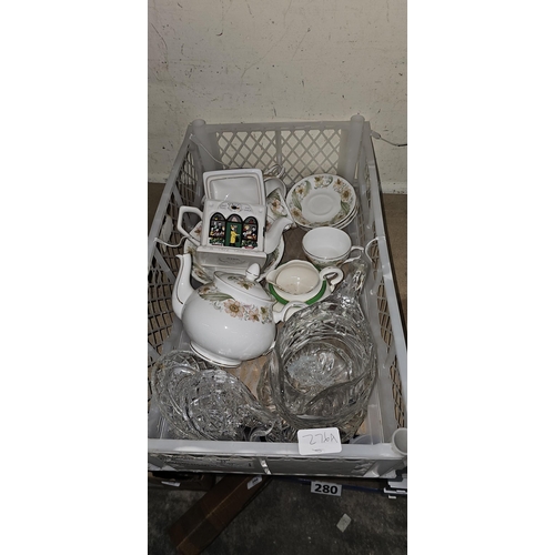 276A - x2 glass jugs, trinket dishes, tea pot + tea set UNABLE TO POST