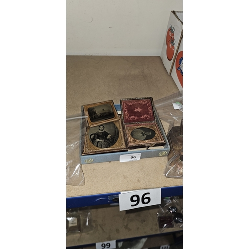 96 - 3 Antique Early Photos Daguerreotype, one in a leather travelling case