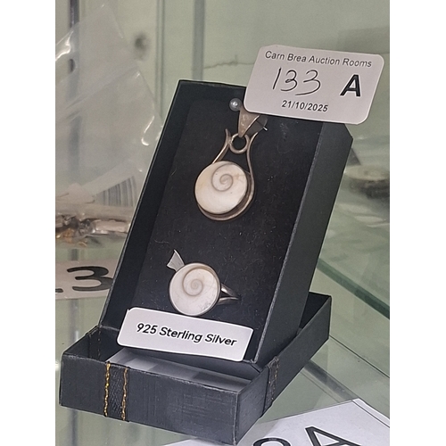 133A - 925 Silver (standard mark) Real Shell Helix Pendant & Ring, size N
