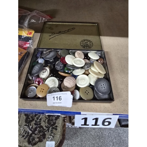 116 - players tin and vintage buttons etc