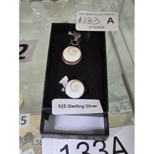 133A - 925 Silver (standard mark) Real Shell Helix Pendant & Ring, size N