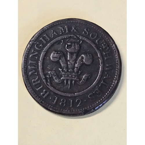 596 - Worcestershire Birmingham Cooper Token: 1812 Birmingham & South Wales Penny, Prince of Wales' triple... 