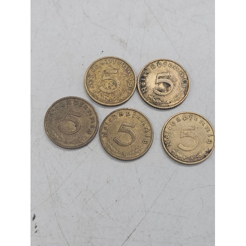 577 - Small Lot of 5 Reich Pfennig coins with Eagle and Swastika