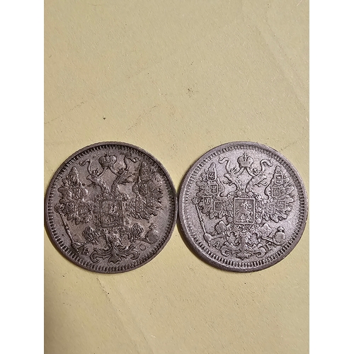 585 - 2 Russian silver coins 15 kopeks each, 1899 and 1914