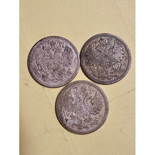 586 - 3 Russian silver coins 15 kopeks each, 1868, 1870 and 1901