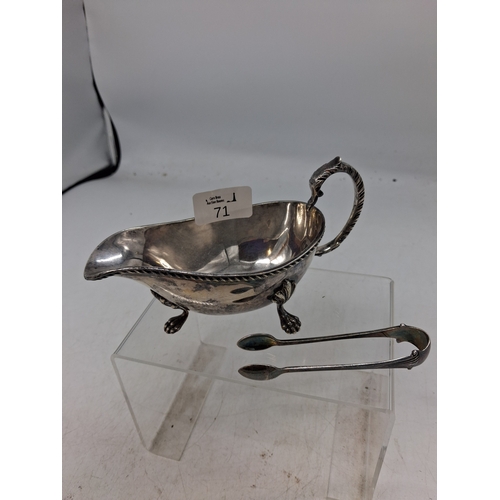71 - Two Silver Plate Items Comprising a Sauce Boat and a Pair of Walker and Hall Sugar Tongs
