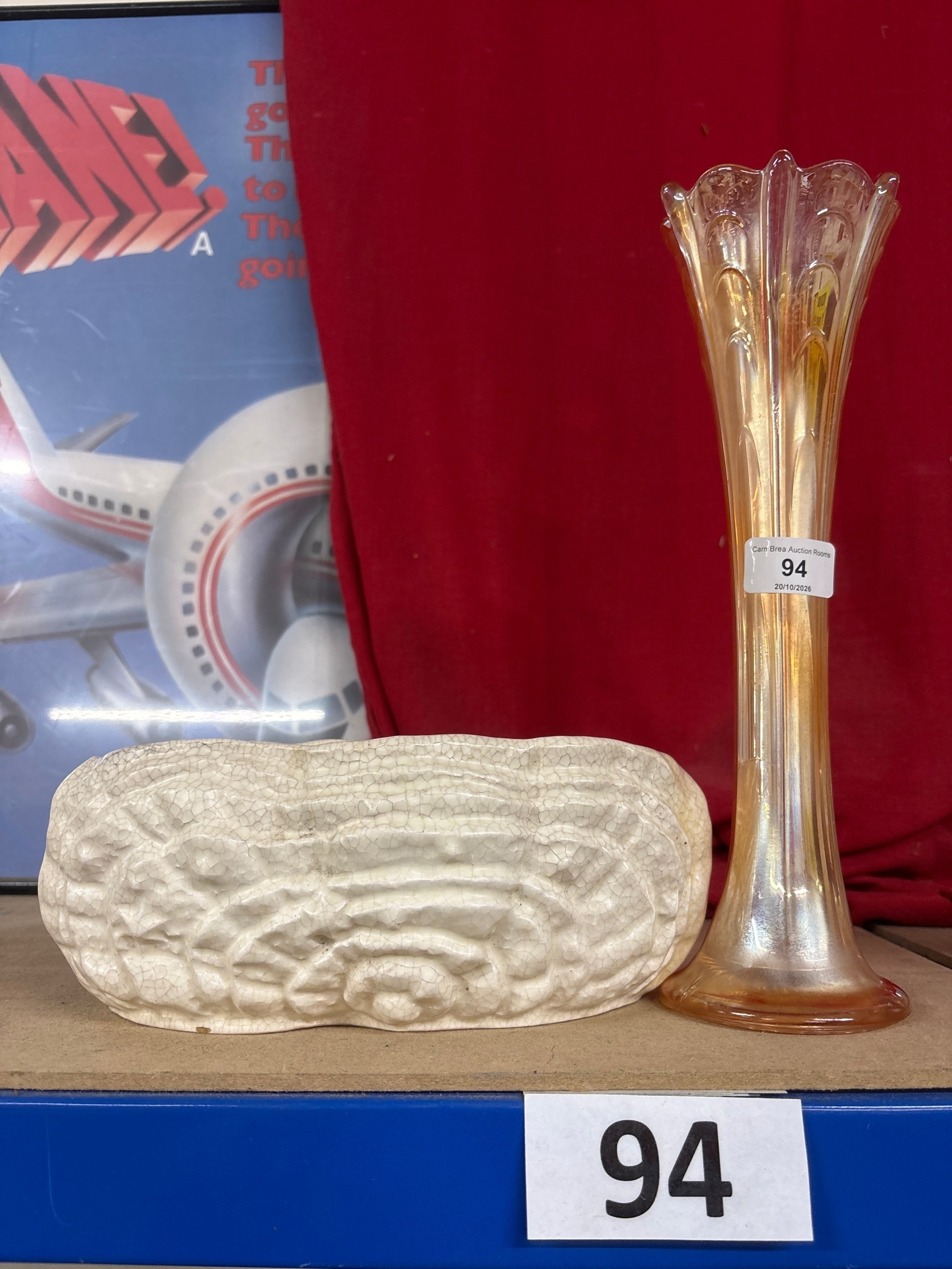 A Marigold Carnival Glass Vase and Ceramic Jelly Mold