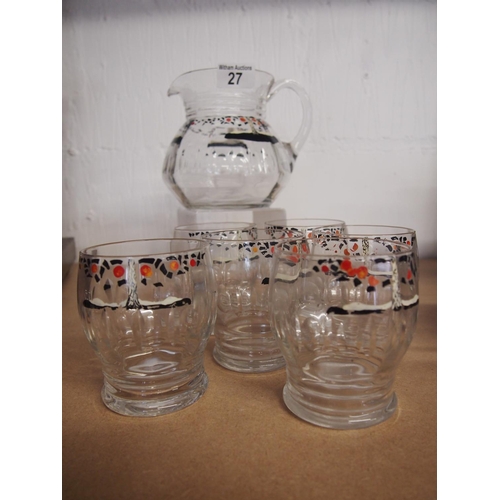 27 - Hand painted retro glass and jug set