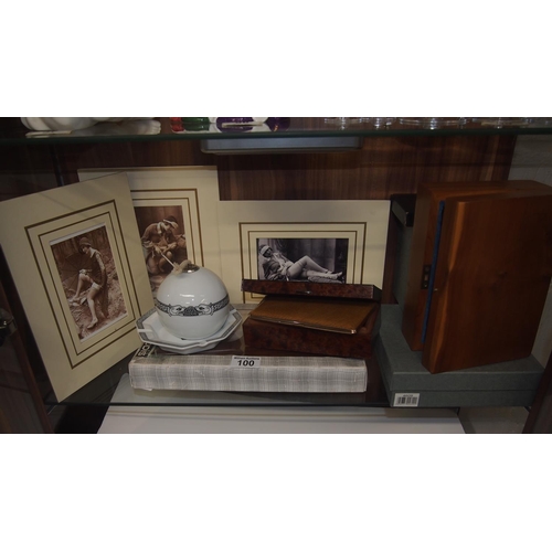 100 - A selection of retro items including mounted risqué cards, wooden boxes, pig skin cigarette case, Ol... 