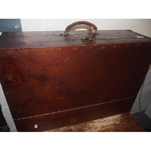 108 - A vintage portable wooden engineer/carpenter’s toolbox with pull down front and six drawers