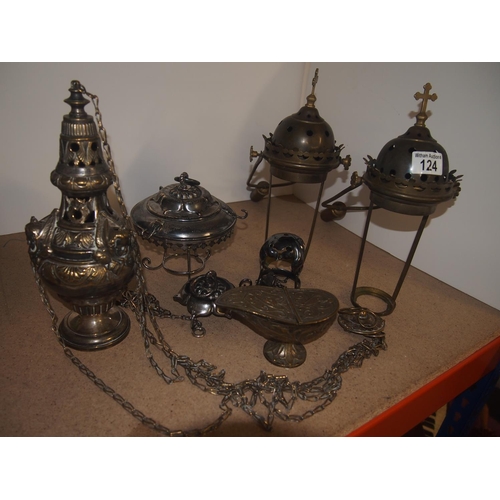 124 - Ecclesiastical artefacts including incense burners in brass and other metal items