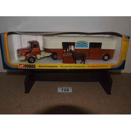 126 - A vintage Corgi Mettoy horse transporter with horses and with box, model no 1105