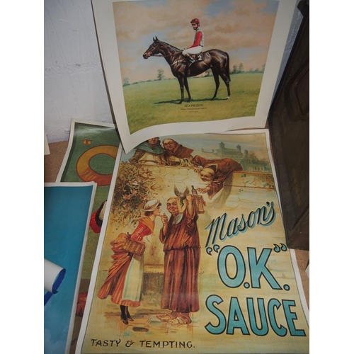 130 - Five Vintage themed advertising posters e.g. Masons OK Sauce plus x7 posters of 1970s/80s horse raci... 