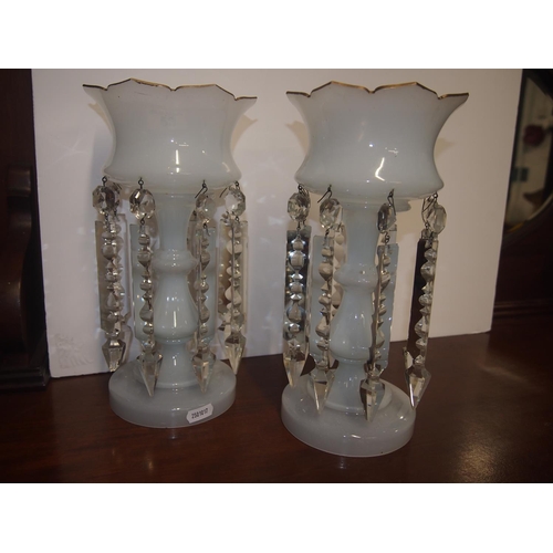 58 - A pair of fluted opaline glass candle holders/lustres each with eight prism glass droplets