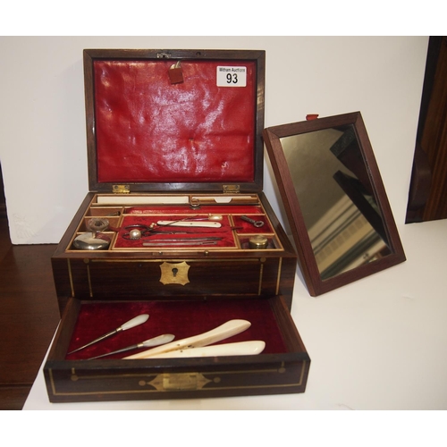 93 - An Edwardian mahogany ladies dressing / travel box with brass inlaid detailing with key and contents... 