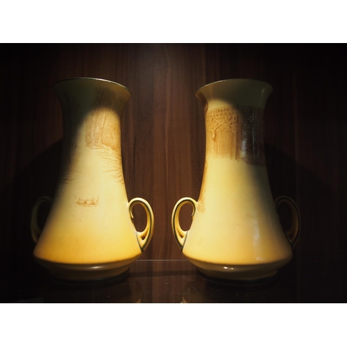 65 - Two antique Royal Doulton Shakespearean series ceramic twin handled tapered flare vases, 'Rosalind' ... 