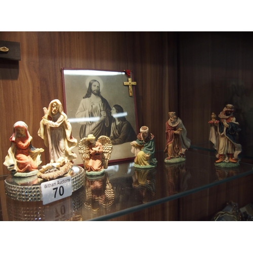 70 - Ecclesiastical themed items including a wooden crucifix approx. length 30cm, vintage print of Jesus ... 