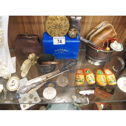 74 - Three vintage gentleman wrist watches plus two lady's wrist watches, various hand carved necklaces a... 