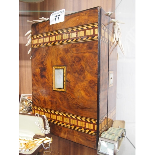 77 - A shelf containing a vintage inlaid Tunbridge ware box.  A quantity of costume jewellery including b... 