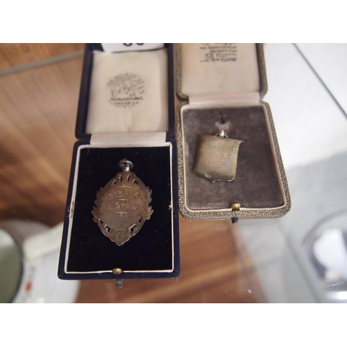 80 - Antique silver and 9ct gold shield fob engraved Winners WLBT 1909 to reverse and Antique silver enam... 