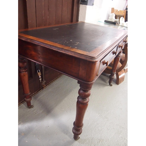 86 - A Victorian two drawer writing table on brass castors