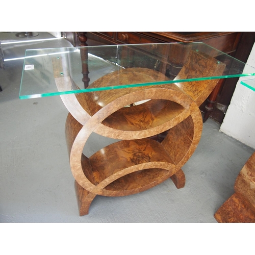 88 - A pair of art deco style tables with a burr walnut veneer circular design and acrylic tops, approx. ... 